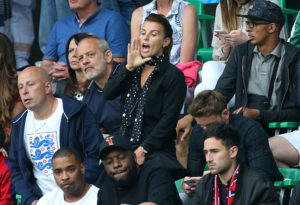 SAINT-ETIENNE, FRANCE - JUNE 20: Coleen Rooney, wife of Wayne Rooney of England and her father Tony McLoughlin (left) attend the UEFA EURO 2016 Group B match between Slovakia and England at Stade Geoffroy-Guichard on June 20, 2016 in Saint-Etienne, France. (Photo by Jean Catuffe/Getty Images)